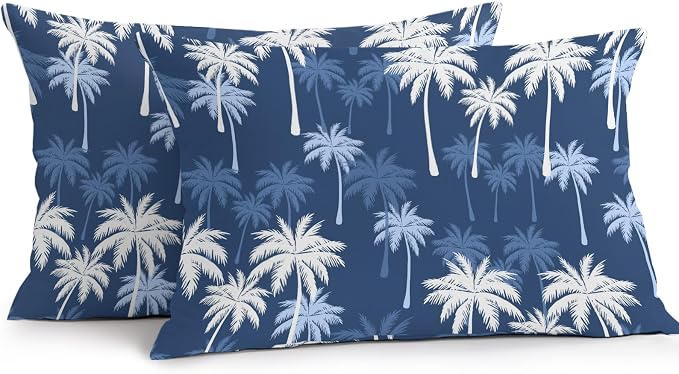 Lumbar Pillow Covers 20x12 Inch Set of 2, Tropical Palm Tree Waterproof Outdoor Pillow Covers, Navy Blue White Plants Coastal Leaf Decorative Cushion Pillowcases for Couch, Sofa, Bed, Garden, Patio