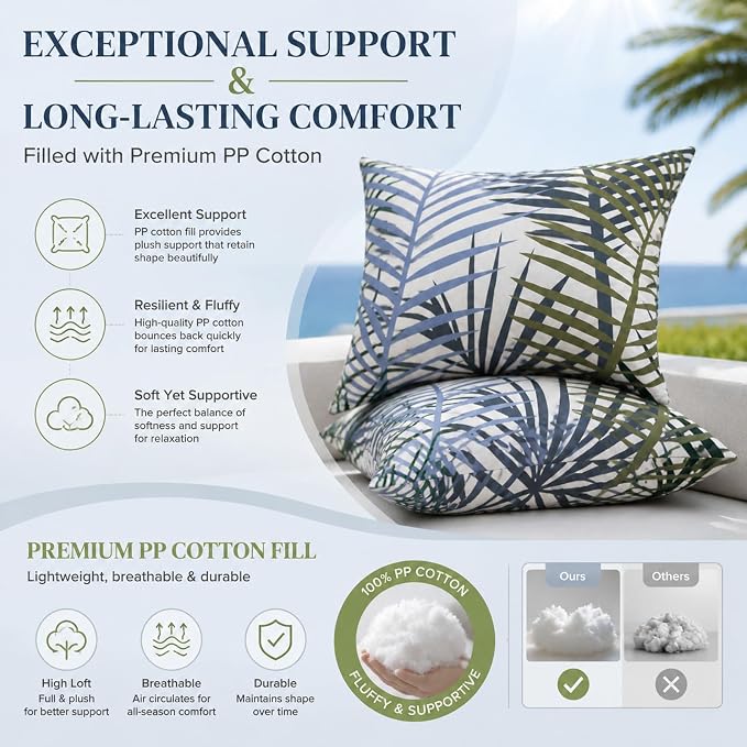 2pcs Outdoor Decor Pillows, Insert and Cover, Waterproof & Fade-Resistant Patio Couch Cushions for Garden, Porch, Poolside Sofa (Bamboo Leaf, 18x18in)