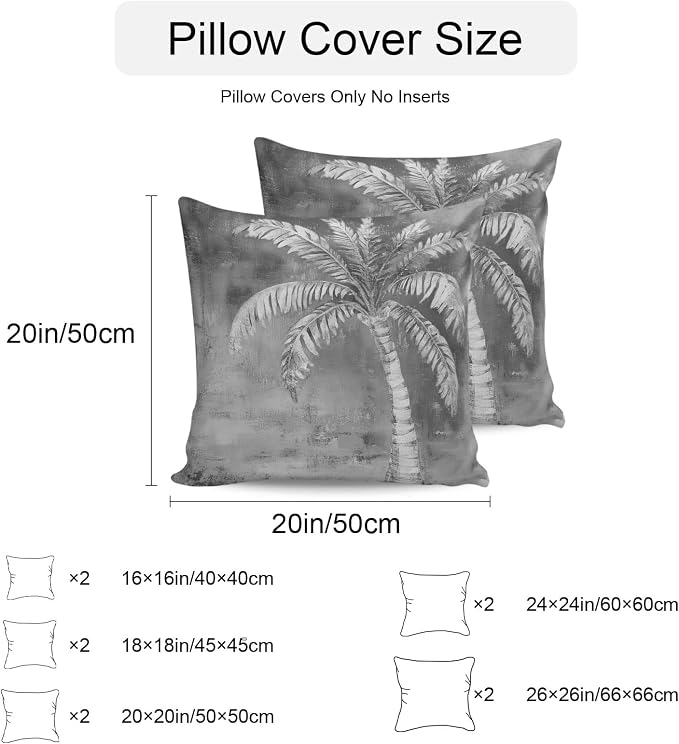 Coastal Beach Tree Grey Outdoor Waterproof Pillow Covers, Vintage Summer Palm Tree Decorative Square Throw Pillowcase, Tropical Botanical Sofa Cushion Sham for Patio/Couch/Chair, 26"x26" 2 Pack