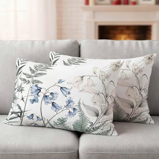 Lumbar Pillow Covers 20x12 Inch Set of 2, Blue Beige Floral Waterproof Outdoor Pillow Covers, Farmhouse Botanical Decorative Cushion Pillowcases for Couch, Sofa, Bed, Garden, Patio