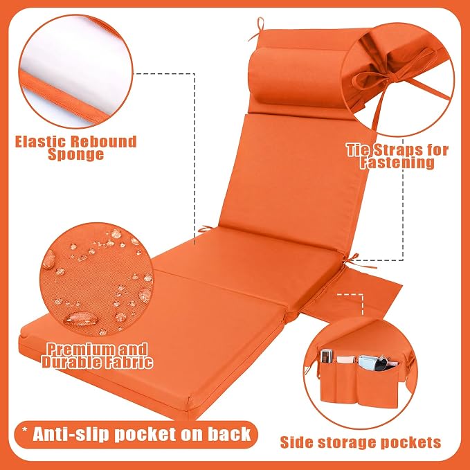 RattanView 1 Pcs Outdoor Chaise Lounge Cushion with Pillow and Side Pockets Waterproof Lounge Chair Cushion for Outdoor Furniture Patio Lounger Pad for Outside Pool Lawn (Orange,72 x 21 x 4)