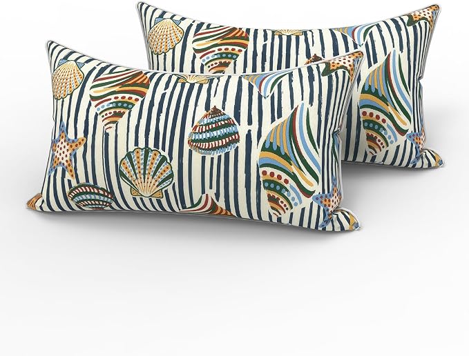 LVTXIII 2 Pack Outdoor Lumbar Pillows 12x20 Inch with White Piping, Fade Resistant Support Throw Pillows with Inserts for Patio Furniture, Sofa, Chair, Cabana Shells