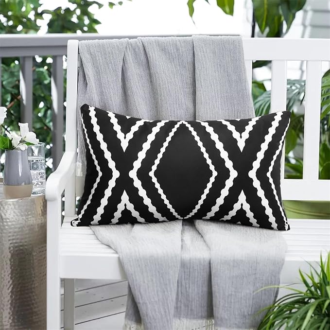 Adabana Outdoor Waterproof Pillow Covers 12x20 Black | Geometric Decorative Throw Pillow Covers Set of 2 for Patio, Garden, Porch, Farmhouse