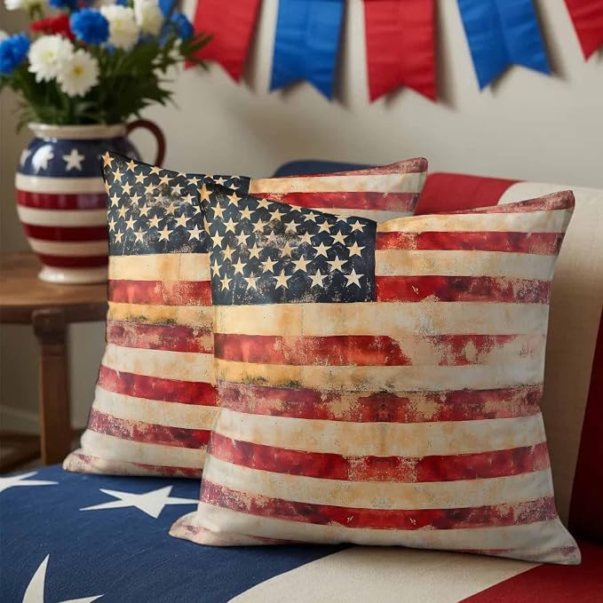 Independence Day Outdoor Pillow Covers 24"x24" Set of 2, Retro Country American Flag Waterproof Throw Pillow Covers for Patio Furniture, Decorative Cushion Covers for Porch