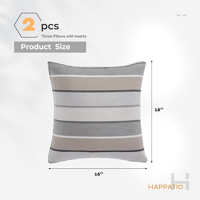Outdoor Pillows, Patio Decorative Pillows Pack of 2, Waterproof Throw Pillows for Outdoor Furniture, 16× 16 Comfortable Spring Outdoor Pillows for Bed, Couch, Sofa, Grey Stripe