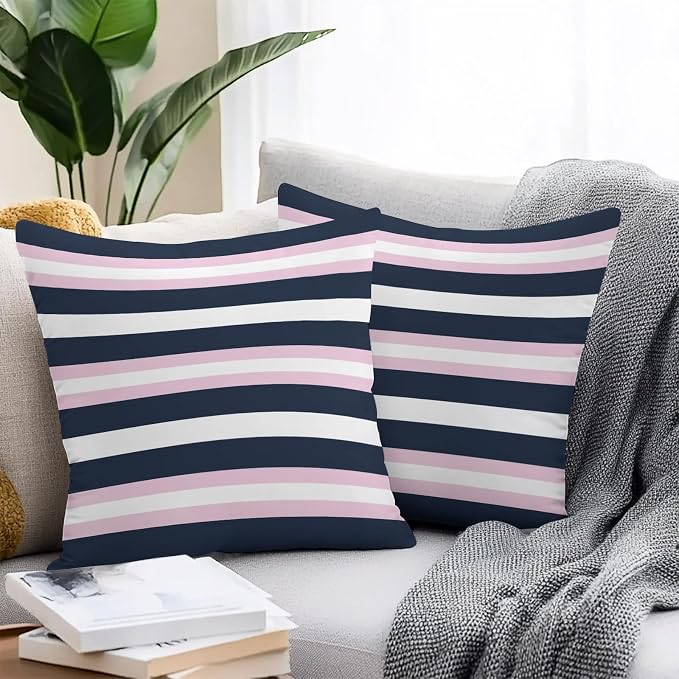 Pink Navy Blue Striped Outdoor Pillow Covers Waterproof, All Weather Cushion Case Set of 2, Minimalist Abstract Lines Artwork Decorative Pillowcases for Sofa Couch Bed Decor Patio Furniture 16"x16"