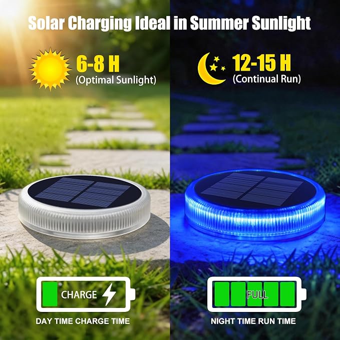 YiLaie Blue Solar Dock Lights Outdoor Waterproof Stick on Boat Deck Step Driveway Lights Solar Powered for Outside Warning Garden Patio Front Stairs Concrete Pathway Walkway (4 Pack)
