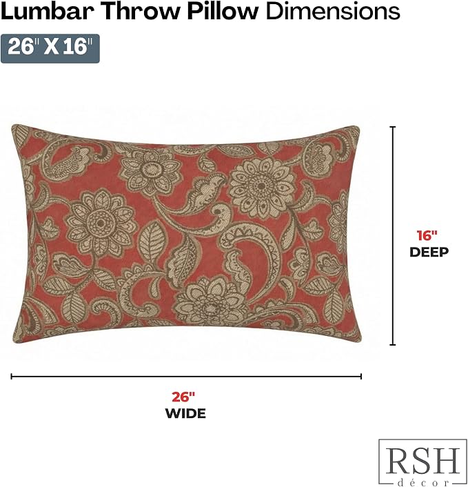 RSH DECOR: Designer Select Outdura Jumbo Lumbar Pillows Set of 2 | 26" x 16" | Water and Fade-Resistant Performance Fabric | Indoor Outdoor Accent Pillows | Made in USA (Veranda Crimson)