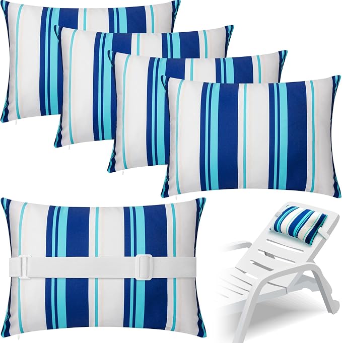 Lineshading 4 Pcs Chaise Lounge Pillow with Strap Outdoor Waterproof Pool Chair Neck Headrest Pillows with Adjustable Elastic Band for Beach Patio Chair Recliner(Blue,Stripe)