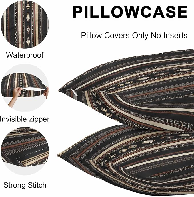 Black Beige Boho Outdoor Pillow Covers 20x20 Inch Throw Pillow Covers Set of 2 Waterproof Decorative Pillow Cases Vintage Abstract Geometric Ethnic Cushion Covers for Patio Furniture Garden Couch Sofa