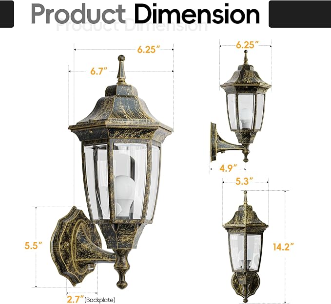 EMART Dusk to Dawn Outdoor Porch Light with Bulb, Wall Lamp(2 Pack, Gold) | Exterior Anti-Corrosion, Waterproof Aluminum & Glass Shades, Modern Sconce Lantern Fixtures for Outside, House, Garage