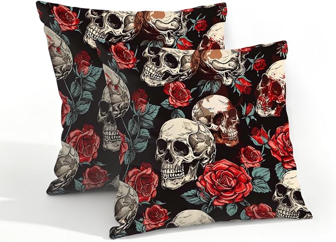 18x18 Inch Outdoor Pillow Covers Set of 2 Waterproof Throw Pillow Covers Decorative Couch Cushion Covers Floral Rose Skull Square Pillowcases Protectors for Patio Garden Sofa