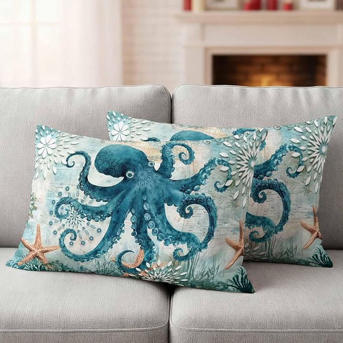 Ocean Creature Outdoor Waterproof Throw Pillow Covers Set of 2, 20"x12", Eight Pawfish Corals Sea Stars Decorative Pillow Covers Outside Cushion Case for Patio Porch Garden