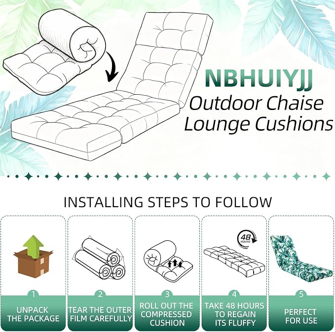 Patio Chaise Lounge Cushions, 70.5"x21"x4" Waterproof Replacement Beach Pool Lawn Outdoor Lounge Chair Cushion, Non-Slip Bottom & Secure Ties for Outdoor Furniture，Agave, 1Count