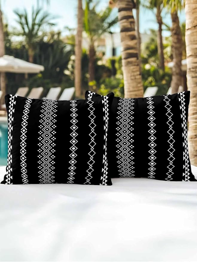 Outdoor Waterproof Throw Pillows 18x18in, Traditional Tribal White Diamond Patio Pillows Pack of 2, Decorative Pillow Covers with Insert, Pillow Cushion Case for Garden Boho Geometric on Black