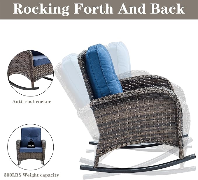 Belord 5 Piece Outdoor Conversation Patio Furniture Set - All-Weather Wicker Patio Rocking Chairs with Loveseat Glider Chair and Coffee Table for Patio Deck Porch Backyard Blue Cushion
