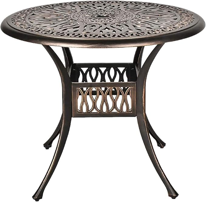 Grepatio 35.4" Patio Dining Table, Cast Aluminum Bistro Table with Umbrella Hole Outdoor Round Conversation Table, Antique Bronze