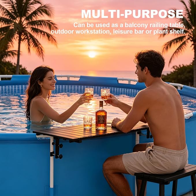 Foldable Swim Up Pool Bar Table for Above Ground Pools, 44''x16'' Heavy Duty Rustproof Metal Pool Side Table Fits Round Oval Rectangular Frame Pools, Outdoor Patio Drink Snack Side Table