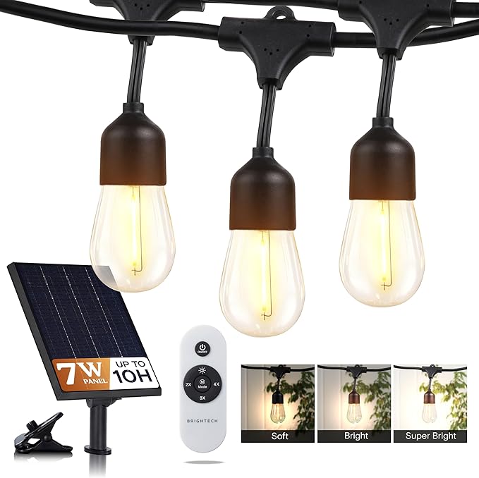 Brightech Solar String Lights with 32 Hanging Edison Bulbs and Brightness Controls with Remote 7W-104 3000K