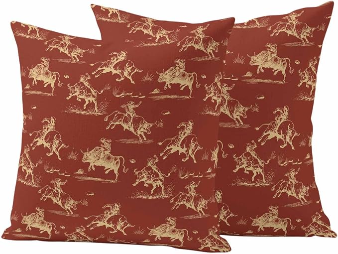Orange Western Cowboys Outdoor Pillow Covers Waterproof, All Weather Cushion Case Set of 2, Vintage Country Cow Grass Decorative Pillowcases for Sofa Couch Bed Decor Patio Furniture 18"x18"