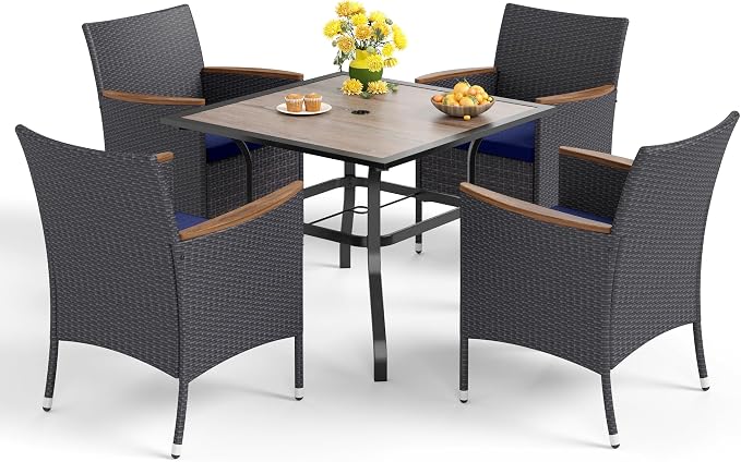 MFSTUDIO 5 Pieces Patio Dining Set, Outdoor Table and Chairs for 4, Outdoor Rattan Dining Furniture Set, Patio Wood-Like Metal Table with Wicker Chairs