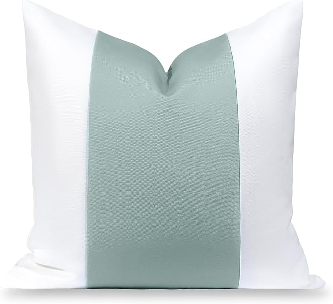 Hofdeco Premium Coastal Grandmillennial Patio Indoor Outdoor Throw Pillow Cover Only, 20"x20" Water Repellent for Backyard, Couch, Poolside, Celadon Green Print Color Block