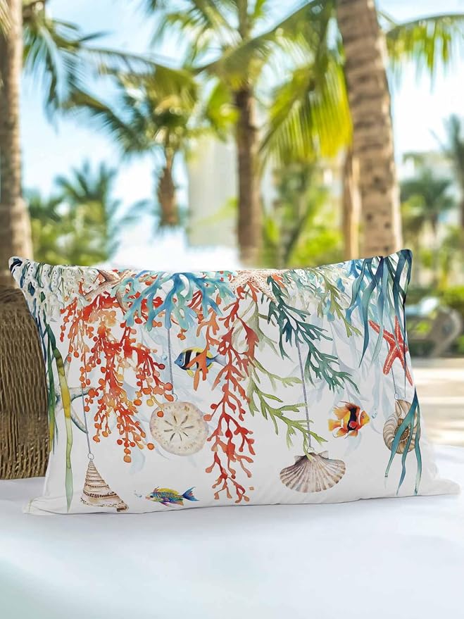 Outdoor Waterproof Throw Pillows Summer Colorful Coral Shell Conch Patio Pillows,Decorative Pillow Covers with Insert,Pillow Cushion Case for Garden Couch Sofa Sea Starfish Fish Marine Life