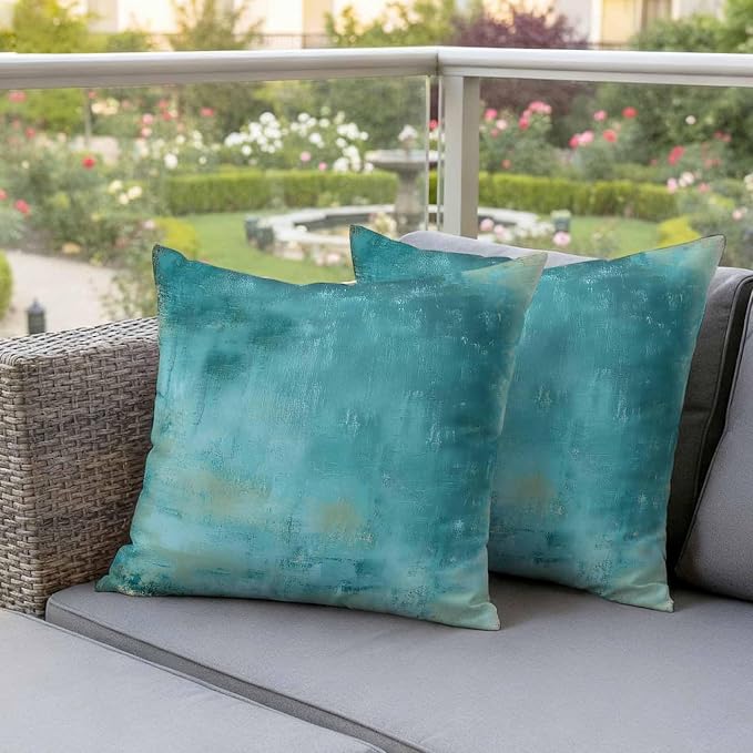 Teal Outdoor Waterproof Pillow Covers, Vintage Oil Painting Decorative Square Throw Pillowcase, Modern Abstract Art Sofa Cushion Sham for Patio/Couch/Chair, 16"x16" 2 Pack