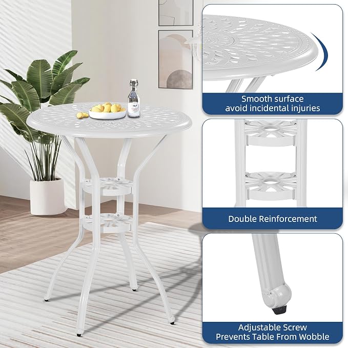 Outdoor Cast Aluminum Bar Table, 31" Patio Bar Height Table with 2" Umbrella Hole, All Weather High Top Bistro Round Dining Table for Outside Deck Porch Balcony Poolside, White