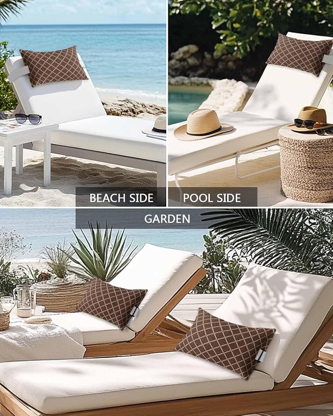 Outdoor Pillows Waterproof Covers Set of 2, Tan Diamond Pattern Adjustable Elastic Chaise Lounge Head Resting Pillows, Geometric Plaid Lines Lumbar Pillow for Pool Beach Patio Furniture 11x16 Inch