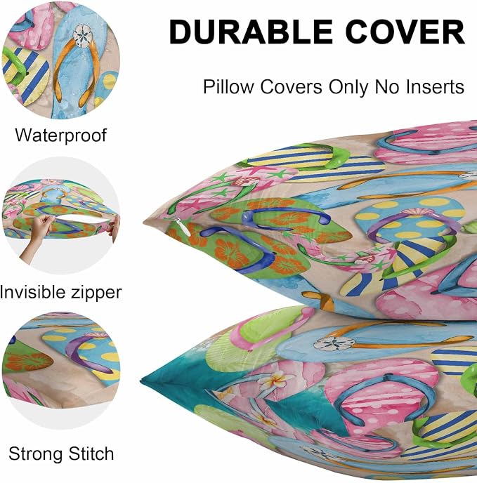 Vandarllin Outdoor Throw Pillows Covers 16x16 inch Set of 2 Waterproof Flip-Flops Decorative Zippered Cushion Covers for Patio Furniture, Summer Sandy Beach Lumbar Pillowcases
