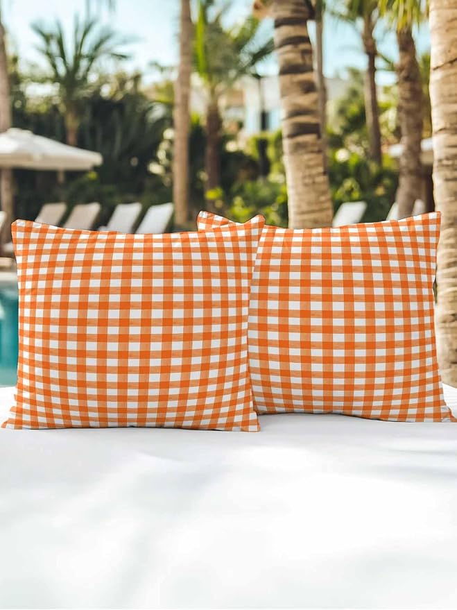 Outdoor Waterproof Throw Pillows Orange Buffalo Plaid Patio Pillows Pack of 2,Decorative Pillow Covers with Insert,Pillow Cushion Case for Garden Couch Sofa Classic Gingham Check Watercolor