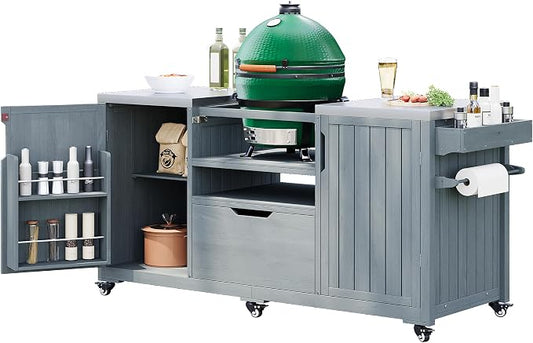 66.5" Large Outdoor Kitchen Island for Big Green Egg Grill, Outdoor Patio Bar Table with Stainless Steel Top and Adjustable Shelf, Rolling Grill Table Cart for Outside, Kitchen, BBQ, Grey Blue