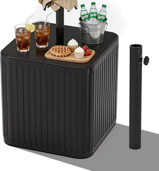 2-in-1 Umbrella Side Table – 16.54" Outdoor Patio Table with Fillable 15 Gal Water/Sand Base, Fits 1.5" Pole, UV Resistant for Pool, Deck, Garden (Black)