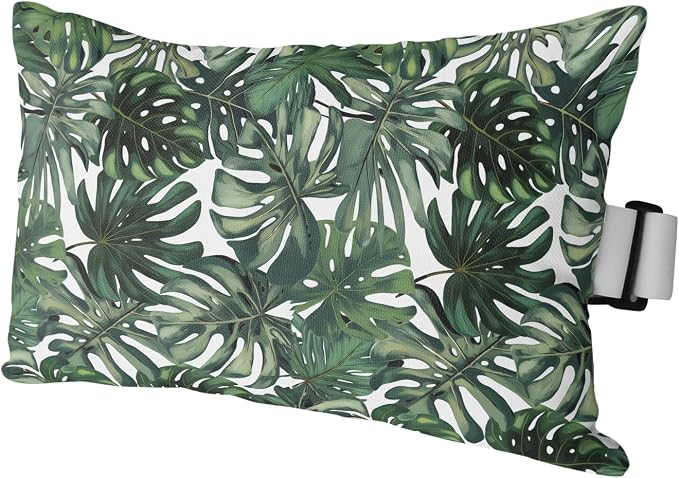 Green Palm Leaves Outdoor Chaise Lounge Head Pillow with Insert, Summer Tropical Leaf Vintage Waterproof Headrest Lumbar Pillow Cusion Cover with Elastic Strap for Patio Beach Recliner, 12"x20" 1PCS