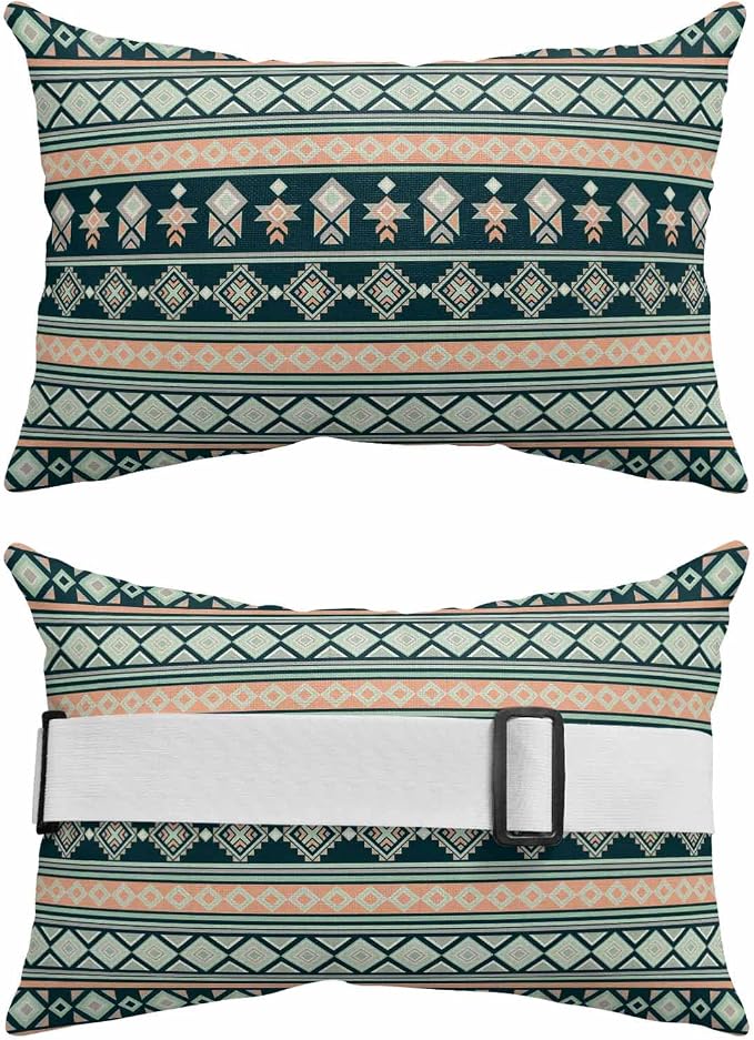 Outdoor Lumbar Pillow Set of 1, Dark Green Boho Striped Waterproof Beach Headrest Pillow with Inserts, Southwestern Ethnic Tribe Vintage Recliner Throw Pillows for Patio Furniture, 11 x 16
