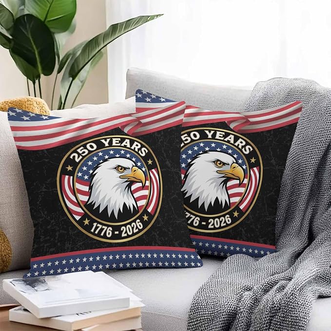 250 Year Anniversary Outdoor Waterproof Throw Pillow Covers 16x16 Set of 2, Independence Day Eagle USA Flag Decorative Pillowcases Cushion Pillowcase for Couch Sofa Patio Outside Pillow Protector