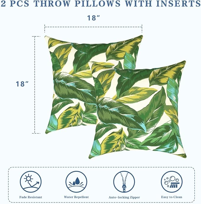 LVTXIII 2 Pack Outdoor Pillows 18x18 Inch, Square Throw Pillows with Inserts, Decorative Water-Repellent Pillow Cushions for Patio Furniture and Garden Sofa, Lush Leaf Jungle