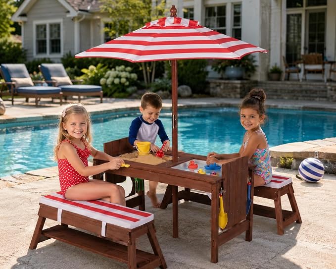 HONEY JOY Kids Picnic Table, 4 in 1 Fir Wood Toddler Sand & Water Table w/Removable Box & Umbrella, Waterproof Cover, Garden Tools, Children Outdoor Table and Bench Set with Cushions (Red)