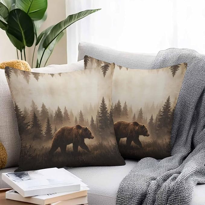 Yukro Nature Landscape Outdoor Waterproof Pillow Covers Pack of 2, Rustic Brown Bear Misty Forest Pine Tree Throw Pillowcases Decorative Cushion Covers for Garden Patio Tent Sofa Couch, 16x16 inch