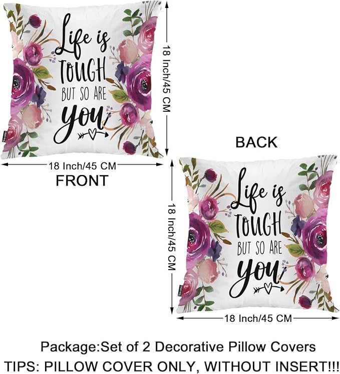 Swono Inspirational Quote Pack of 2 Decorative Throw Pillow Covers Cushion Covers, Life is Tough But So are You Couch Pillow Case Boho Cushion Pillowcase for Bedroom Sofa Living Room 18X18 Inch Rose