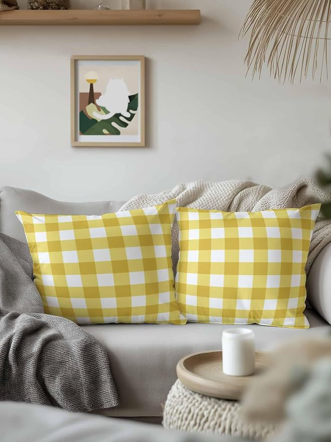 Waterproof Outdoor Pillow 1 Pack Yellow Buffalo Plaid Decorative Throw Pillows Cover & Insert 16x16 Inch Pillowcase Check Lines Square Pillows for Couch Sofa Bed Patio Furniture Indoor Outdoor