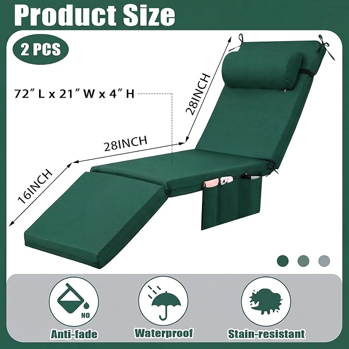 RattanView 2 Pcs Outdoor Chaise Lounge Cushion with Pillow and Side Pockets Waterproof Lounge Chair Cushions for Outdoor Furniture Patio Lounger Pad for Outside Pool Lawn (Dark Green,72 x 21 x 4)