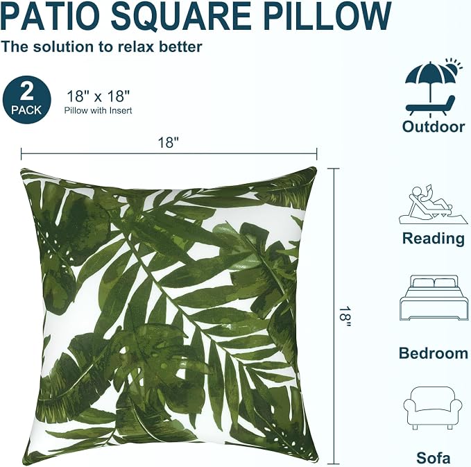 DYTXIII Pack of 2 Waterproof Outdoor Pillow with Inserts, 18x18 Square Patio Decorative Throw Pillow for Home,Sofa,Bench and Patio Furniture,Palm Green