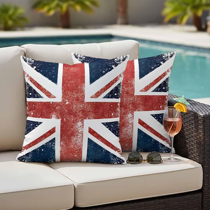 4th of July Outdoor Throw Pillows Covers 26x26 inch Set of 2 Waterproof British Flag Decorative Zippered Cushion Covers for Patio Furniture, Vintage Mottled National Flag Lumbar Pillowcases