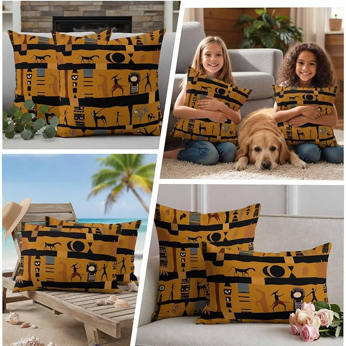 Outdoor Pillow Covers Waterproof, African Ethnic Decorative Rectangle Throw Pillowcases Patio Cushion Covers for Tent/Garden, 20" x 12" 2 Pack, Vintage Ethnic Tribes Richness Brown