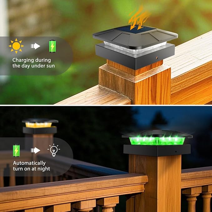 2 Packs 4x4 Solar Post Lights Outdoor, Green & Warm White LED Fence Caps Light Waterproof, Wood & Vinyl Post Top Lighting for Deck Mailbox Railing Porch Outside