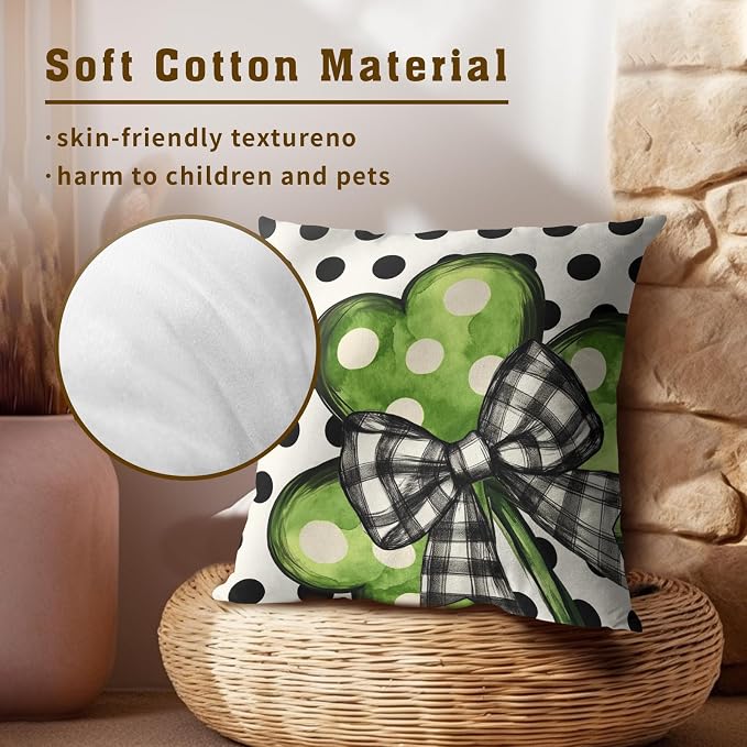 St Patricks Day Throw Pillow Covers 18x18 Inch – Set of 2 Black White Dot Green Shamrock Clover Pillow Covers Holiday Spring St Patricks Decorative Pillow Cases for Bed Couch Sofa