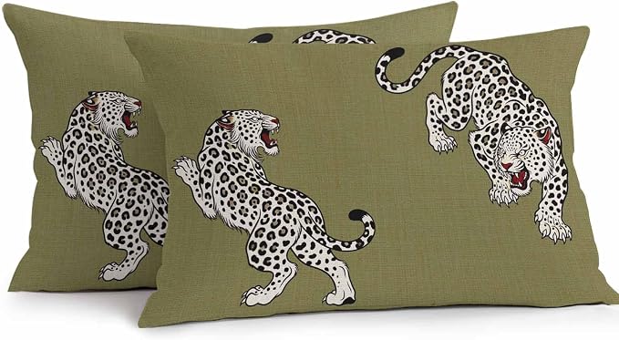 Yukro Green Leopard Outdoor Waterproof Pillow Covers Pack of 2, Modern Style Wild Animal Rustic Linen Texture Throw Pillowcases Decorative Cushion Covers for Garden Patio Tent Sofa Couch, 20x12 inch
