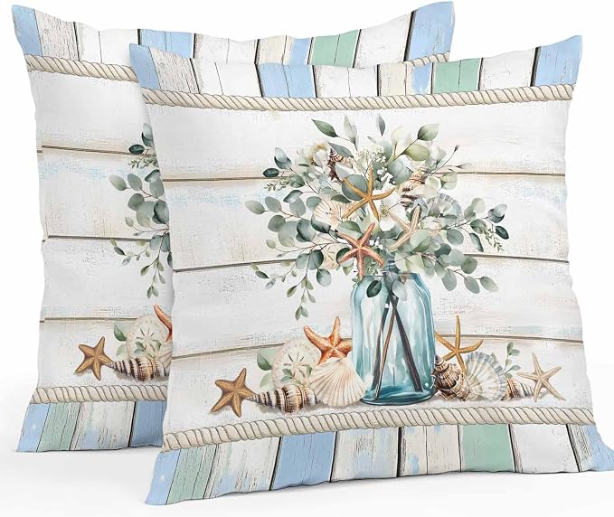 Green Eucalyptus Waterproof Outdoor Pillow Covers Set of 2 Home Decor, Botanical Floral Starfish in Vase Pillowcase Patio Pillow Covers for Couch Bench Furniture Garden 20x20in
